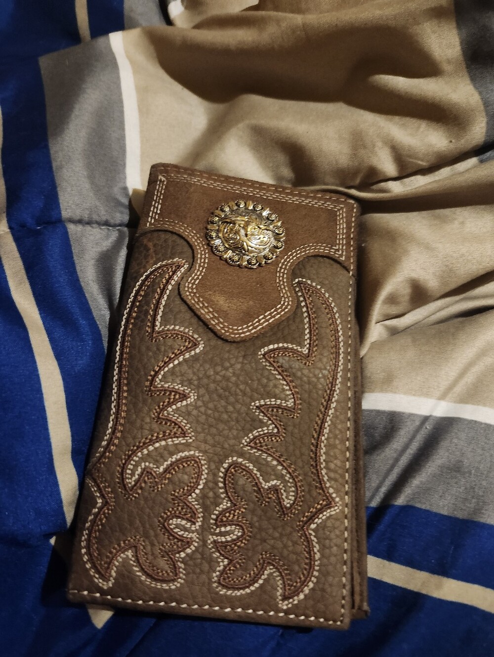 Brown Embossed Leather Wallet with Decorative Concho